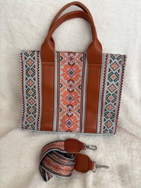 Woven Aztec Tote Bag with Brown Leather Trim